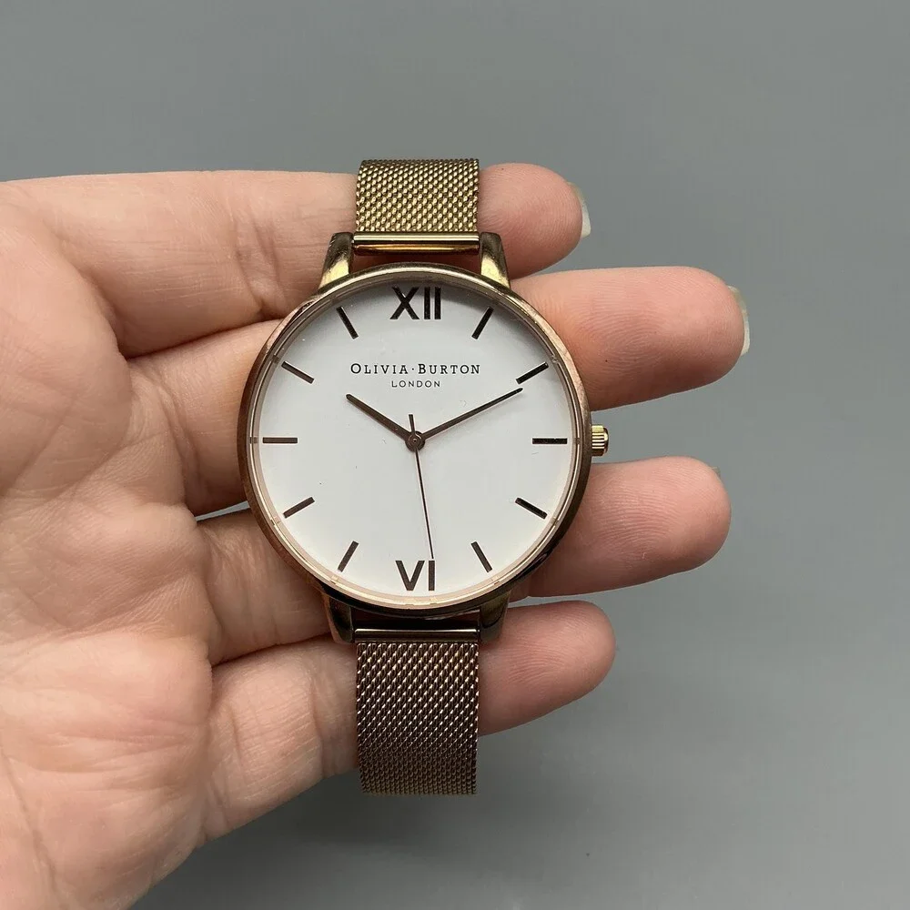 OLIVIA BURTON Rose Gold Mesh Bracelet Watch with White Dial